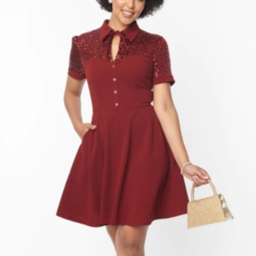 Unique Vintage Burgundy Sequin Lace Fit & Flare Dress